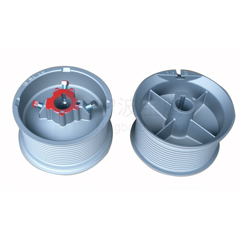 Replacement garage door cable drum with integrated cable grooves, highlighting correct installation on shaft