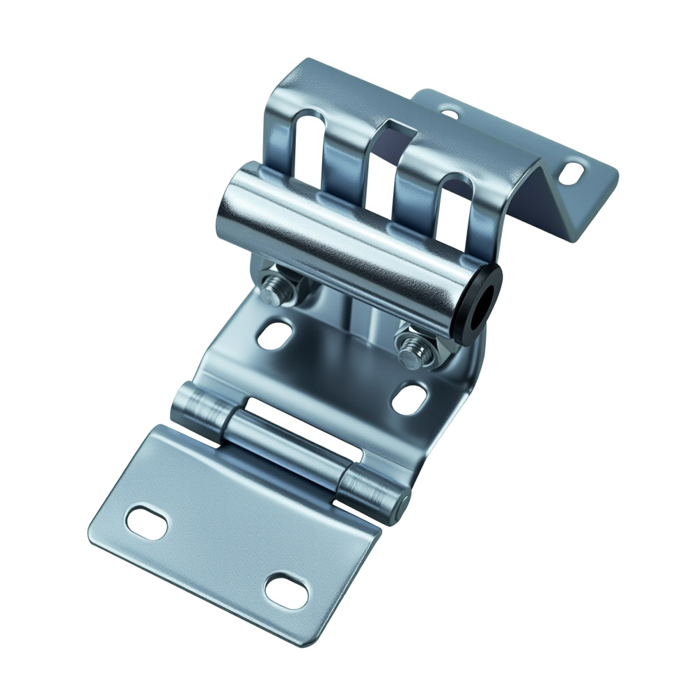 Quiet garage door hinges installed between sectional panels, demonstrating pivot functionality and durability under load