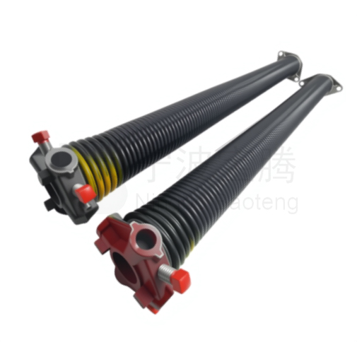 Garage door torsion spring mounted on steel shaft, showing coiled design and tension adjustment