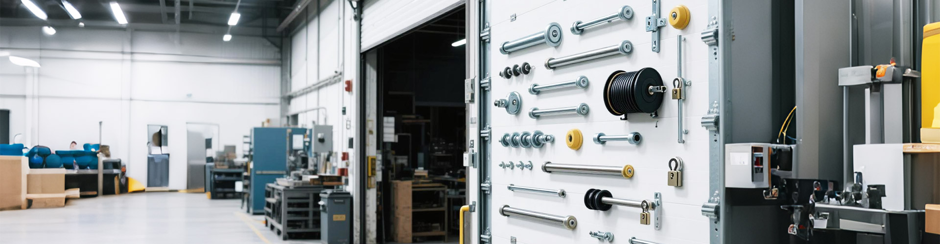 BAOTENG garage door hardware fittings in factory workshop with rollers, hinges, brackets, tracks, bumpers, cable drums, shafts and handles & locks